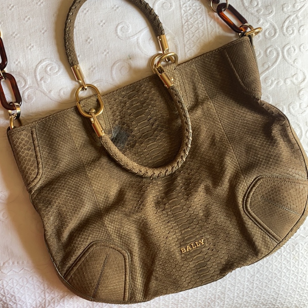 Bally vintage oversized python bag with lucite chain shoulder strap.